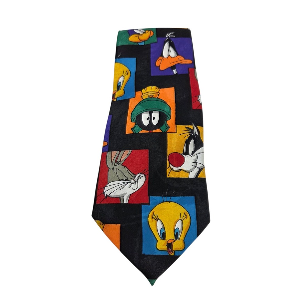 Vintage 1999 Looney Tunes Mania Necktie Bugs Bunny Tweety Sylvester Black Tie